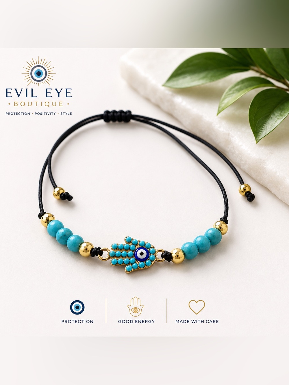 Handmade Turquoise Hamsa Beaded Bracelet - Gold Accents